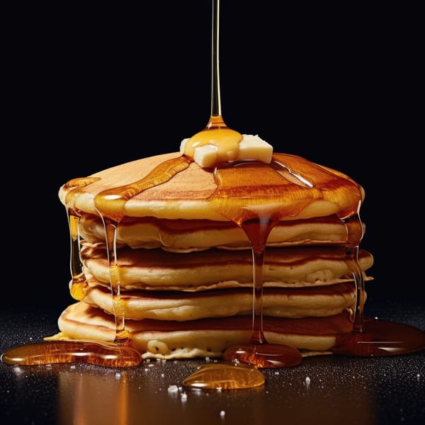 A tall stack of golden pancakes with melting butter, drenched in syrup against a dark background.