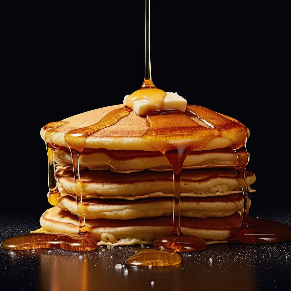 A tall stack of golden pancakes with melting butter, drenched in syrup against a dark background.