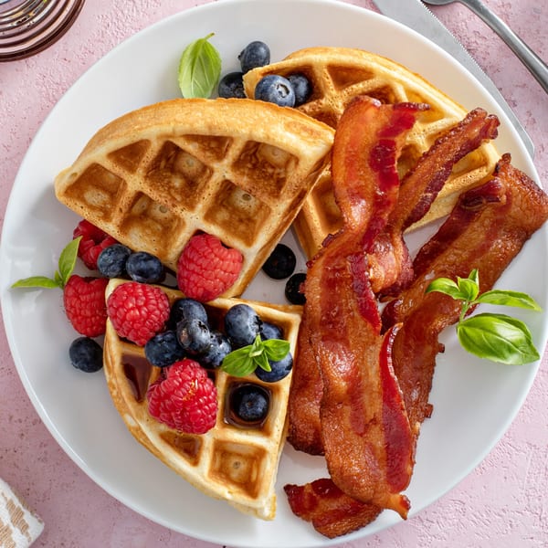 Golden waffles with fresh raspberries, blueberries, and crispy bacon on a white plate.